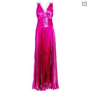 Vera Pleated Plunging Metallic Slit Maxi Dress In Hot Pink Magenta Like New!